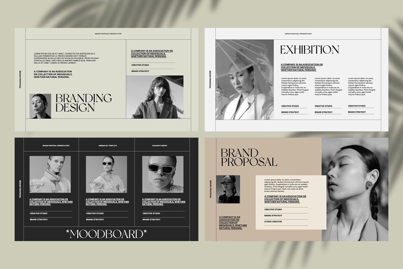 May include: A black and white mood board for a branding design project. The mood board features images of people wearing sunglasses and clothing. The text "Branding Design" and "Moodboard" are featured on the board.