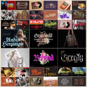May include: A collage of images featuring various fonts and typography designs. The images include a variety of styles, colors, and themes, such as floral, gothic, and modern. The text in the images includes words like "Silence", "Re-volution", "Enxyclostd", "Band", "Creepy", "King", "Mojieger", and "Orgiefis Prophecy".