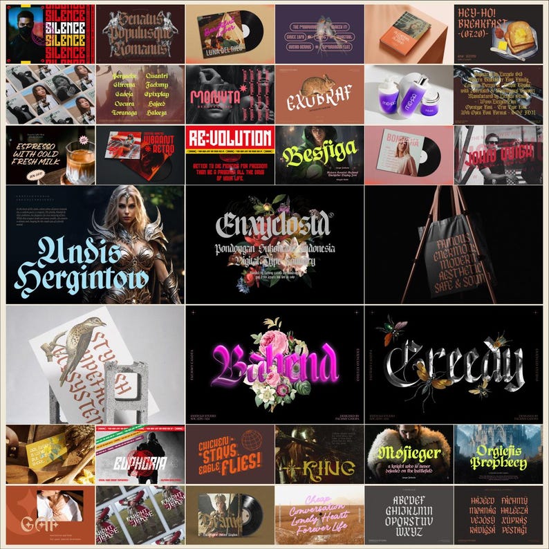 May include: A collage of images featuring various fonts and typography designs. The images include a variety of styles, colors, and themes, such as floral, gothic, and modern. The text in the images includes words like "Silence", "Re-volution", "Enxyclostd", "Band", "Creepy", "King", "Mojieger", and "Orgiefis Prophecy".