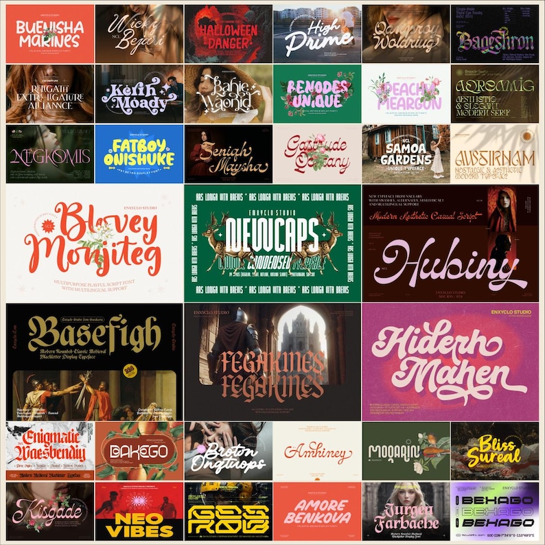 May include: A collage of colorful, stylized text designs. The text includes words like "Halloween Danger", "High Prime", "Renodes Unique", "Fatboy Onishuke", "Samoa Gardens", "Hubing", "Fegarkines", "Kisgade", "Neo Vibes", and "Amore Benikova".