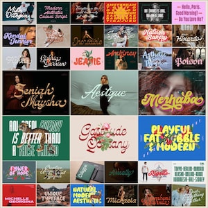 May include: A collage of images featuring various hand-drawn fonts and typography styles. The images showcase different colors, backgrounds, and text arrangements. Some of the text includes names, phrases, and words like "Journey Vacation", "Aesthetic Script Typefaces", and "Playful Fat Bubble & Modern".