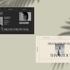 May include: Black and white brand proposal brochure with a photo of a person on the cover. The text "BRAND PROPOSAL" is in a bold, sans-serif font.
