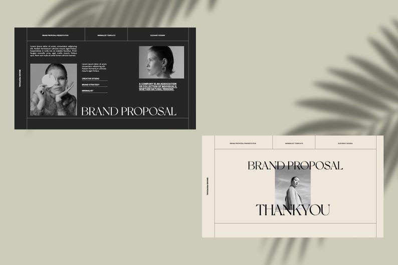 May include: Black and white brand proposal brochure with a photo of a person on the cover. The text "BRAND PROPOSAL" is in a bold, sans-serif font.