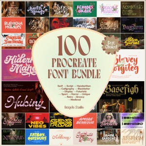 May include: A collage of 100 different fonts in a variety of styles, including serif, script, handwritten, calligraphy, blackletter, display, futuristic, sport, horror, unique, retro, groovy, and medieval. The fonts are arranged in a grid pattern on a pink and yellow background. The text "100 Procreate Font Bundle" is displayed in large, bold letters at the top of the collage.