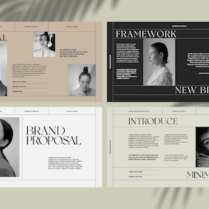 May include: A black and white brand proposal presentation with four pages. Each page features a black and white photo of a person and text that includes the words "Minimal", "Framework", "Brand Proposal", "Introduce", "New Brand", and "Minimalism".