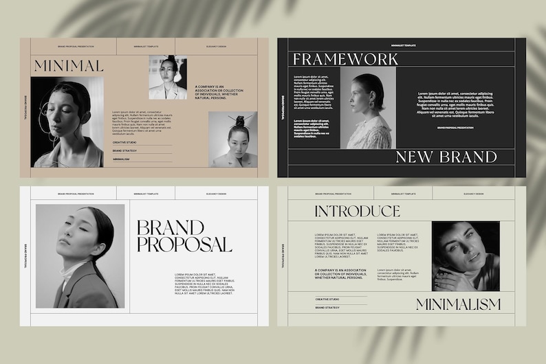 May include: A black and white brand proposal presentation with four pages. Each page features a black and white photo of a person and text that includes the words "Minimal", "Framework", "Brand Proposal", "Introduce", "New Brand", and "Minimalism".