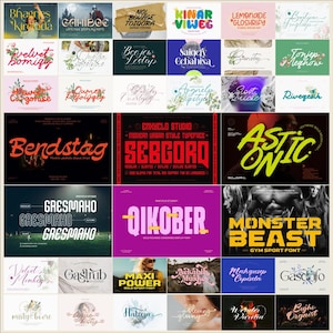 May include: A collage of colorful and stylized font designs. The fonts are displayed in various colors and styles, including bold, script, and handwritten. The fonts are arranged in a grid pattern, with each font displayed on a separate tile. The fonts are all uppercase and are set against a variety of backgrounds, including black, white, and gray.