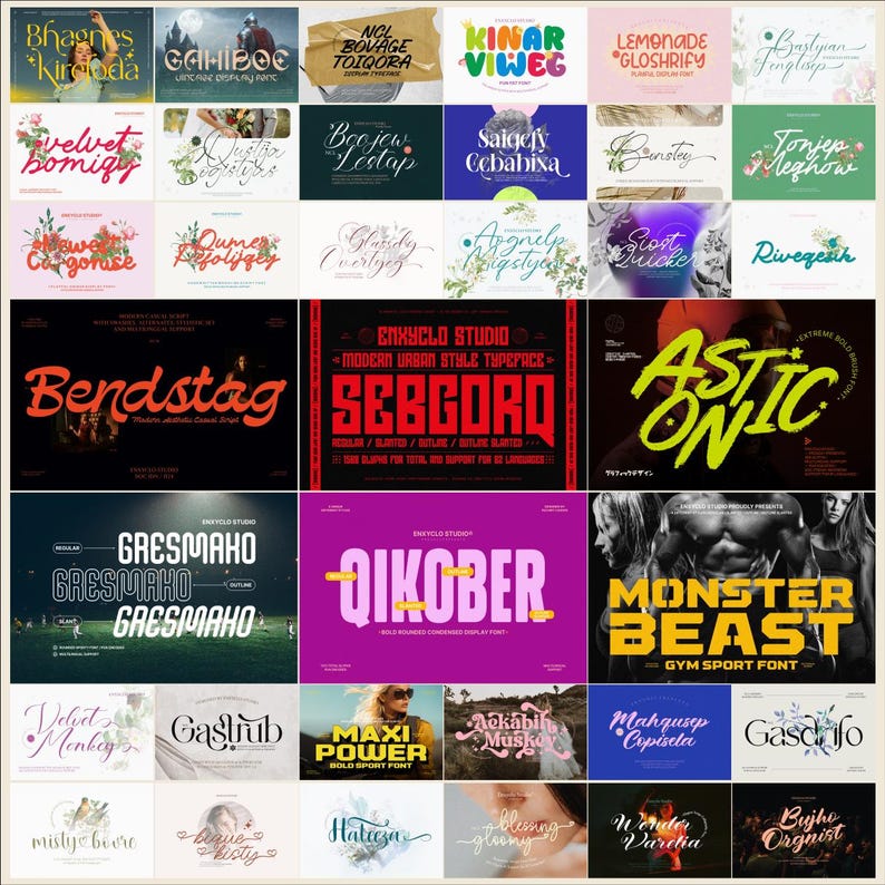 May include: A collage of colorful and stylized font designs. The fonts are displayed in various colors and styles, including bold, script, and handwritten. The fonts are arranged in a grid pattern, with each font displayed on a separate tile. The fonts are all uppercase and are set against a variety of backgrounds, including black, white, and gray.