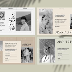 May include: A black and white brand proposal template with text that reads "Brand Proposal" and "Brand Arrival". The template includes images of people and text boxes for information.