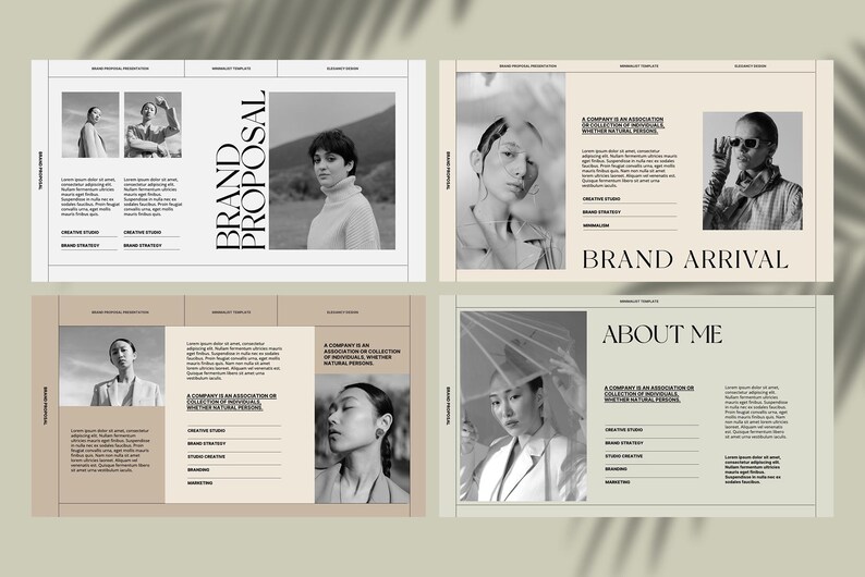 May include: A black and white brand proposal template with text that reads "Brand Proposal" and "Brand Arrival". The template includes images of people and text boxes for information.