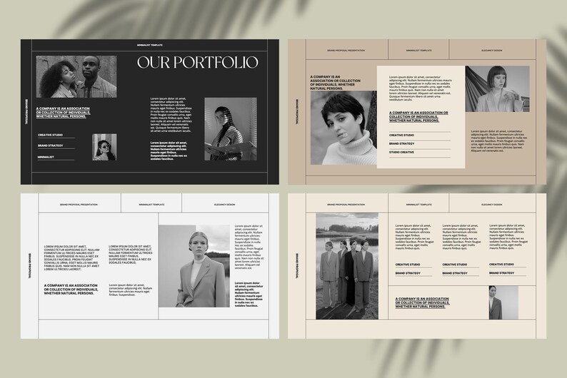 May include: A black and white portfolio showcasing a company's work. The portfolio features images of people and text that describes the company's services. The text includes the phrase "A company is an association or collection of individuals, whether natural or legal."