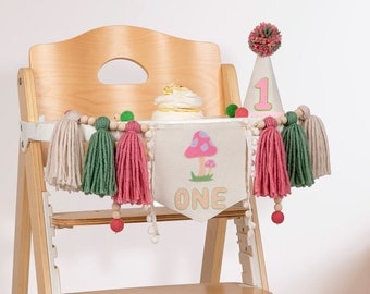 Fairy first birthday high chair banner, mushroom birthday party decoration