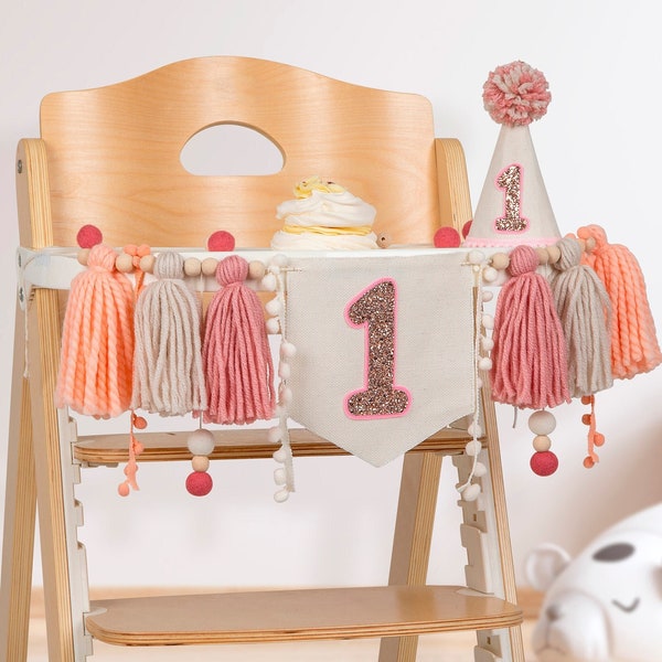 Blush 1st birthday girl high chair banner, isn't she onederful garland
