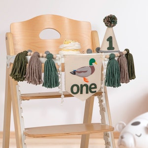 One lucky duck first birthday, Mallard duck hunting highchair banner