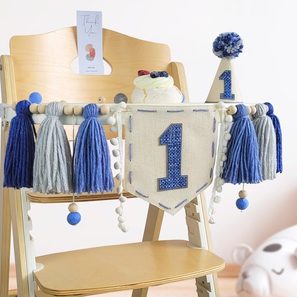 1st birthday boy high chair banner, shades of blue cake smash garland