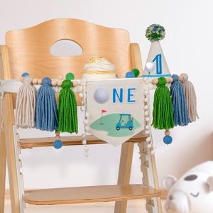 Hole in one first birthday high chair banner, Golf 1st birthday party decoration