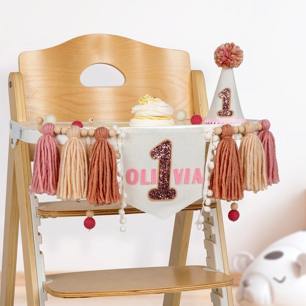 Bannière personnalisée Boho pour le 1er anniversaire de votre fille, guirlande de chaise haute avec prénom personnalisé