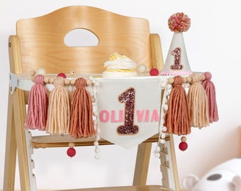 Boho personalized 1st birthday girl banner, custom name high chair garland