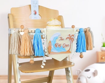 The big one surfing birthday high chair banner, surf wave party decoration