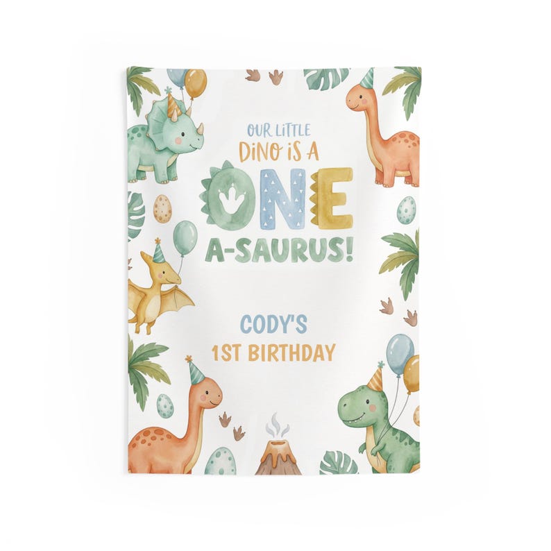 Rectangle Saurus One A Saurus 1st Birthday Backdrop, Watercolor Dinosaur Party Banner ...