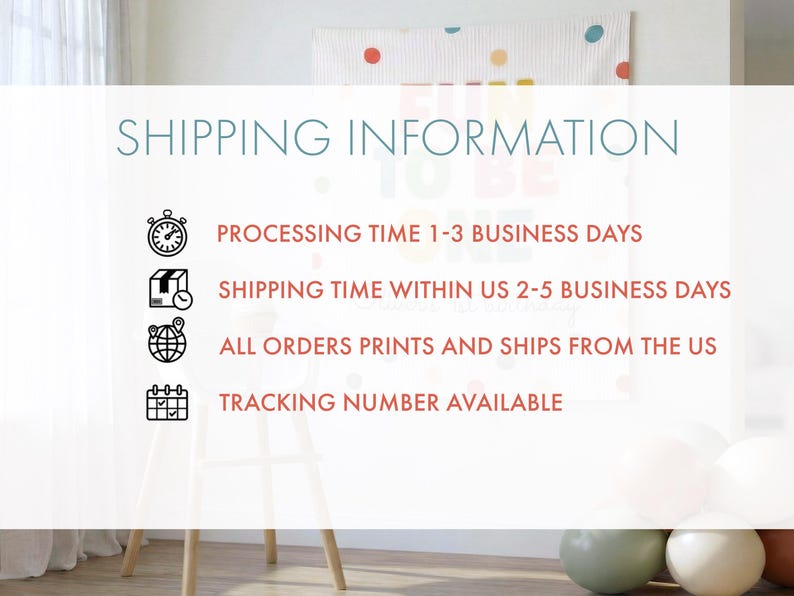 K&ouml;nnte beinhalten: Ein wei&szlig;es rechteckiges Banner mit dem Text SHIPPING INFORMATION in Blaugr&uuml;n, gefolgt von rotem Text zu Bearbeitungs- und Versandzeiten, mit vier schwarzen Symbolen, die eine Uhr, ein Paket, einen Globus und einen Kalender darstellen.