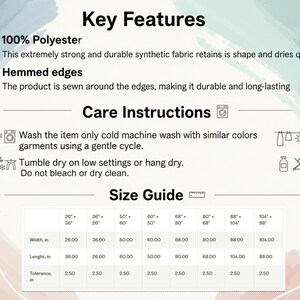 K&ouml;nnte beinhalten: Eine informative Grafik mit Produktdetails, Pflegehinweisen und einer Gr&ouml;&szlig;entabelle in Zoll. Zu den Hauptmerkmalen geh&ouml;ren 100% Polyester und ges&auml;umte Kanten. Die Pflegehinweise umfassen Kaltw&auml;sche, Trocknen bei niedriger Temperatur und kein Bleichen.