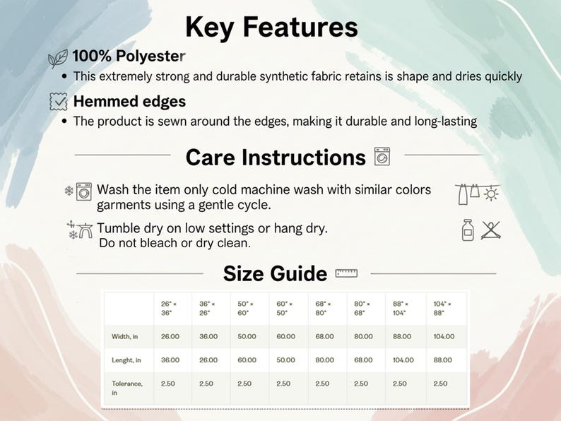 K&ouml;nnte beinhalten: Eine informative Grafik mit Produktdetails, Pflegehinweisen und einer Gr&ouml;&szlig;entabelle in Zoll. Zu den Hauptmerkmalen geh&ouml;ren 100% Polyester und ges&auml;umte Kanten. Die Pflegehinweise umfassen Kaltw&auml;sche, Trocknen bei niedriger Temperatur und kein Bleichen.