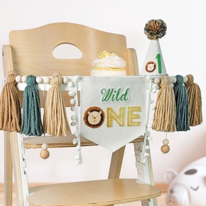 Wild one birthday highchair banner, gold safari party decorations