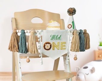 Wild one birthday highchair banner, gold safari party decorations