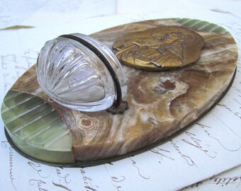 Gorgeous French Antique Onyx holy water font, with Signed gilded bronze plaque depicting Christ with sacred heart, 7.5 Inches .