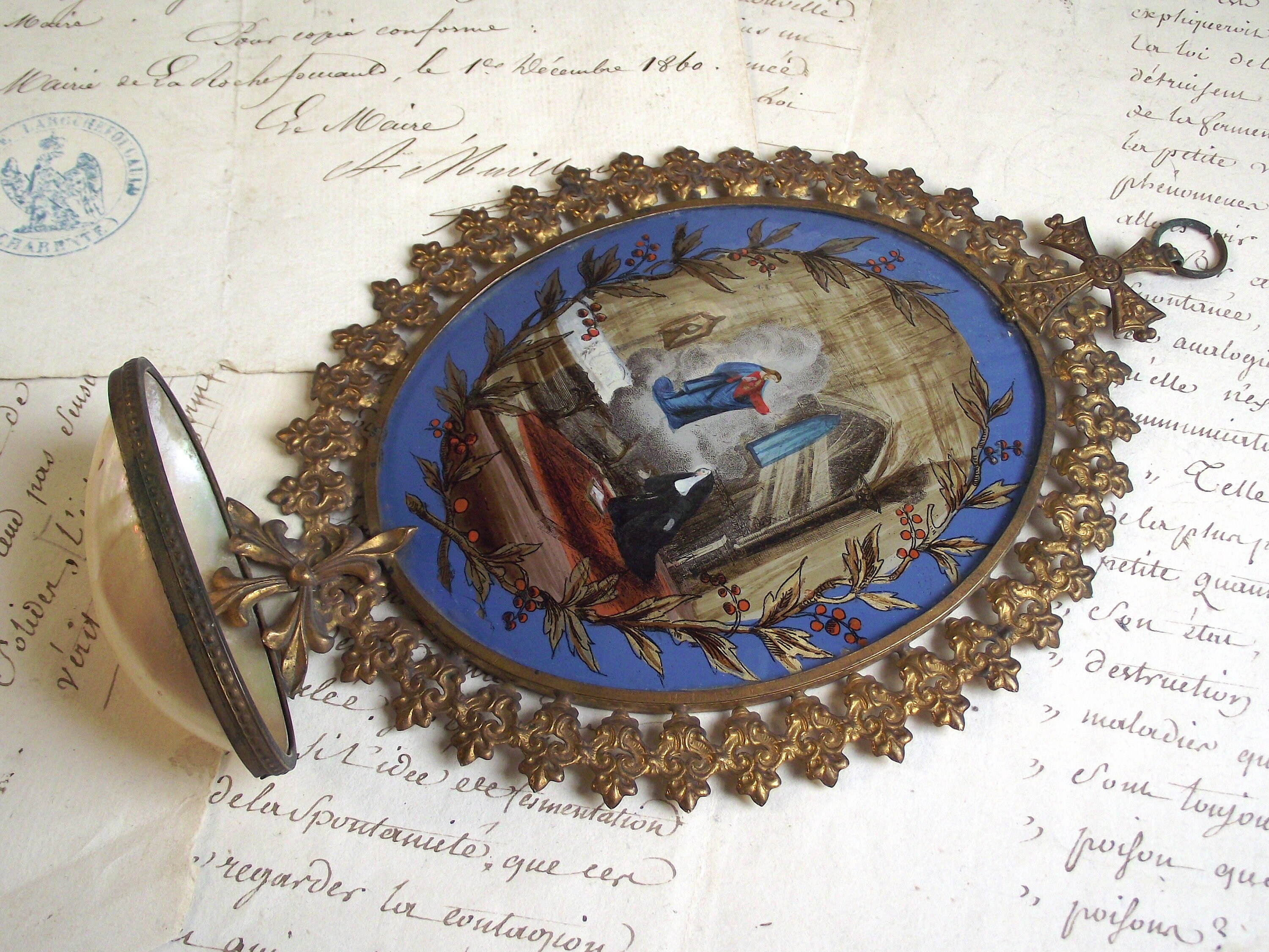 Ancien Français Police d'eau Bénite en Laiton Doré, Décoration de Maison Catholique Victorienne, Déc