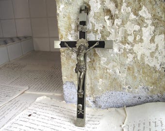 Extra Large Antique French Brass Nuns cross, brass crucifix pendant, Cross with Corpus Christ, with ebony wood, 9.5 Inches long, 1800's