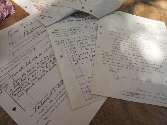 Interesting bunch of 3 Antique French handwritten documents, paying certificates, invoices, and Antique French postcards featuring woman . Interesting bunch of 3 Antique French handwritten documents, paying certificates, invoices, and Antique French postcards featuring woman .