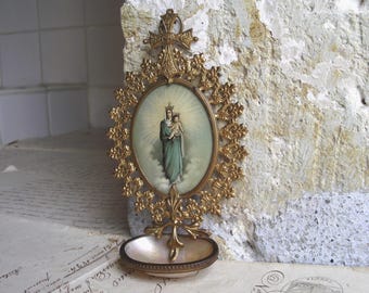 Pila bautismal antigua francesa de latón dorado, decoración victoriana católica para el hogar, decoración religiosa francesa, relicario antiguo francés, 15 cm (6 pulgadas)