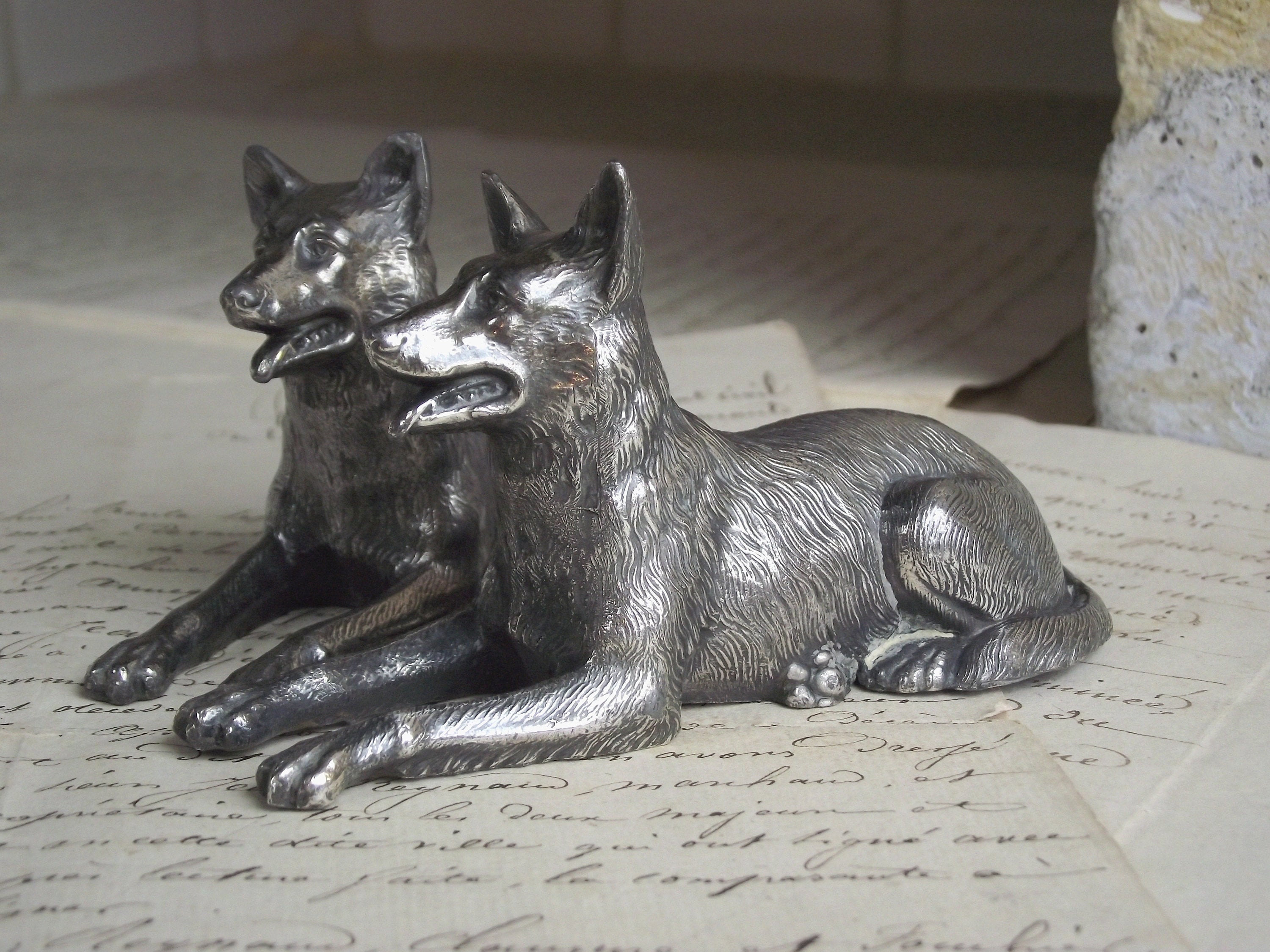 Français Vintage Paire de Bergers Allemands en Métal Spelter, Serre-Livres Pour Chiens Français, Pre