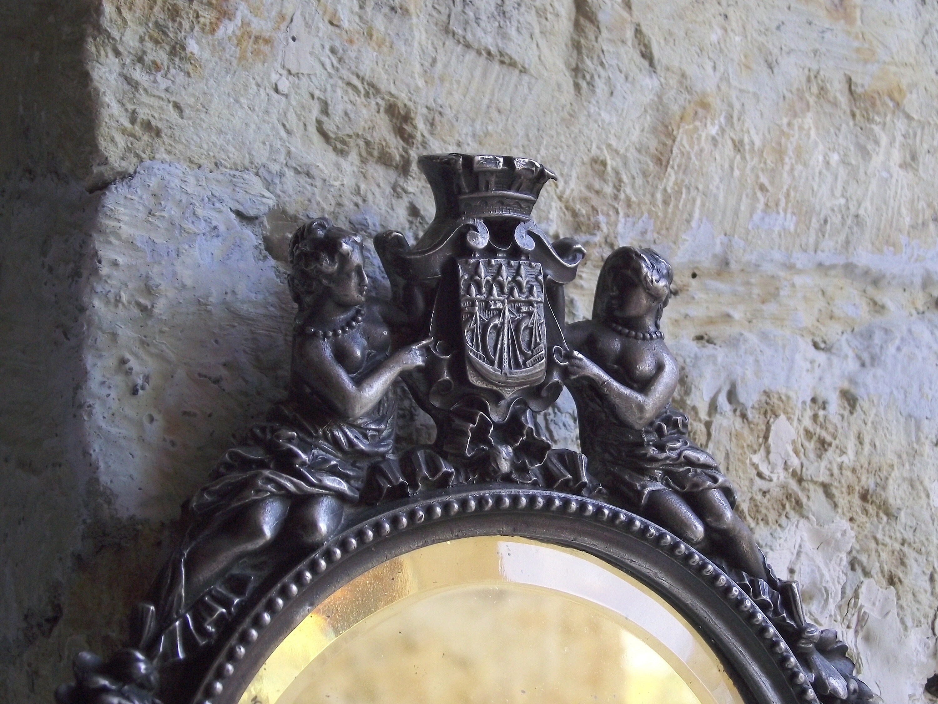 Antiquité Français Monmiroir Biseauté en Plaque d'argent, Armoiries de Paris, Fleur Lis, Armorial Ci