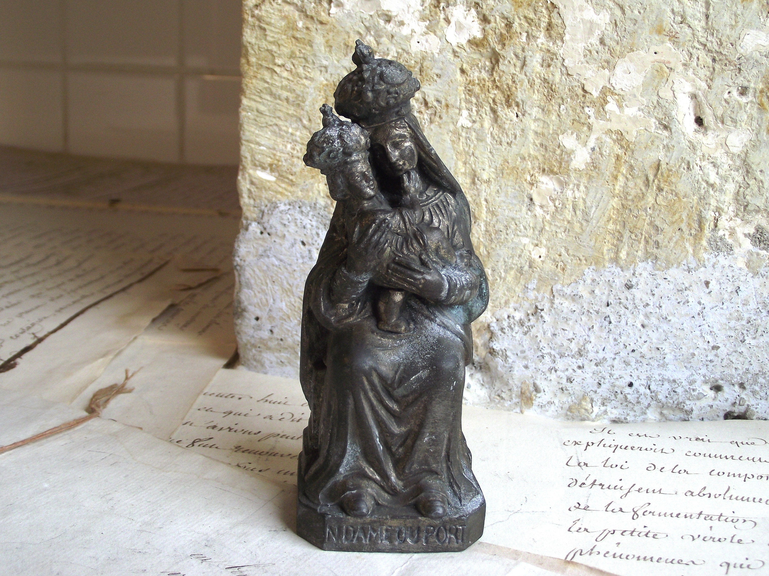 Antique Français Statue Religieuse en Métal de Notre-Dame Du Port, Vierge Marie avec L'enfant Jésus,