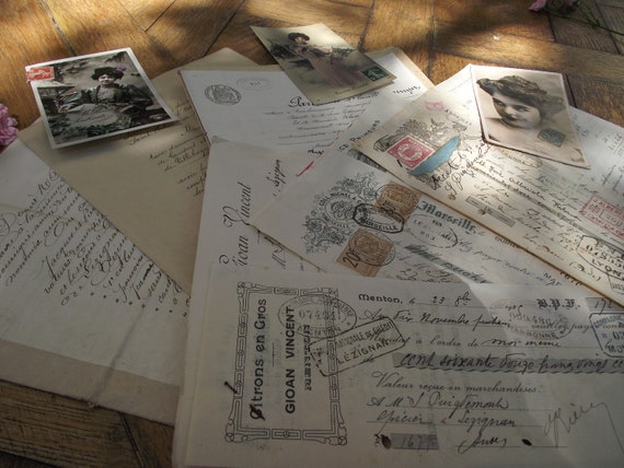 Interesting bunch of 3 Antique French handwritten documents, paying certificates, invoices, and Antique French postcards featuring woman . Interesting bunch of 3 Antique French handwritten documents, paying certificates, invoices, and Antique French postcards featuring woman .