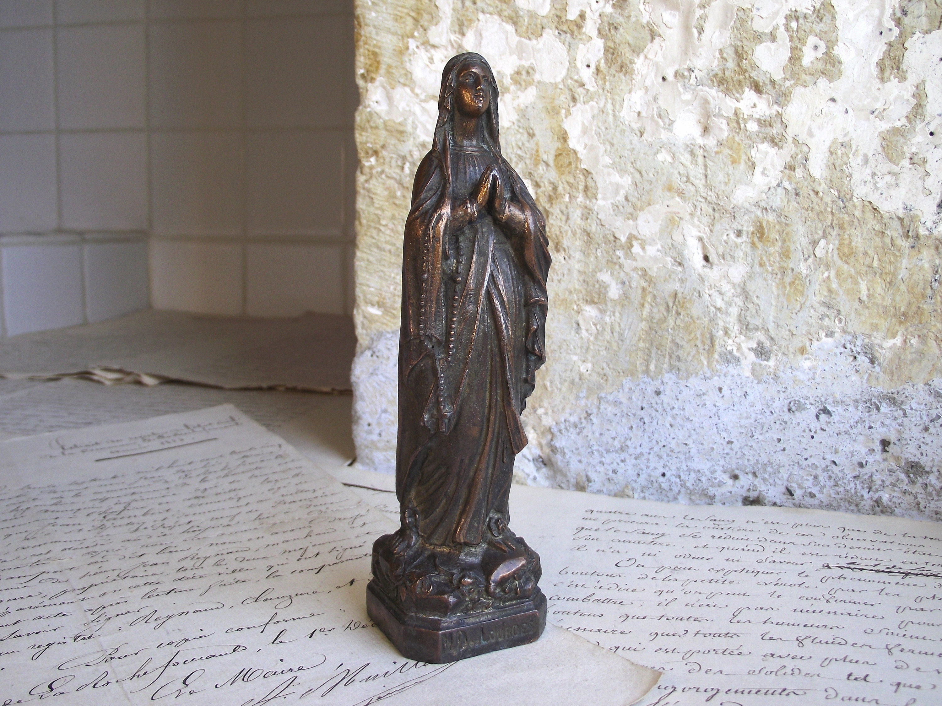 Antique Français Statue en Métal de Spelter Notre-Dame Lourdes, Souvenir Début Des Années 1900, 5, 9