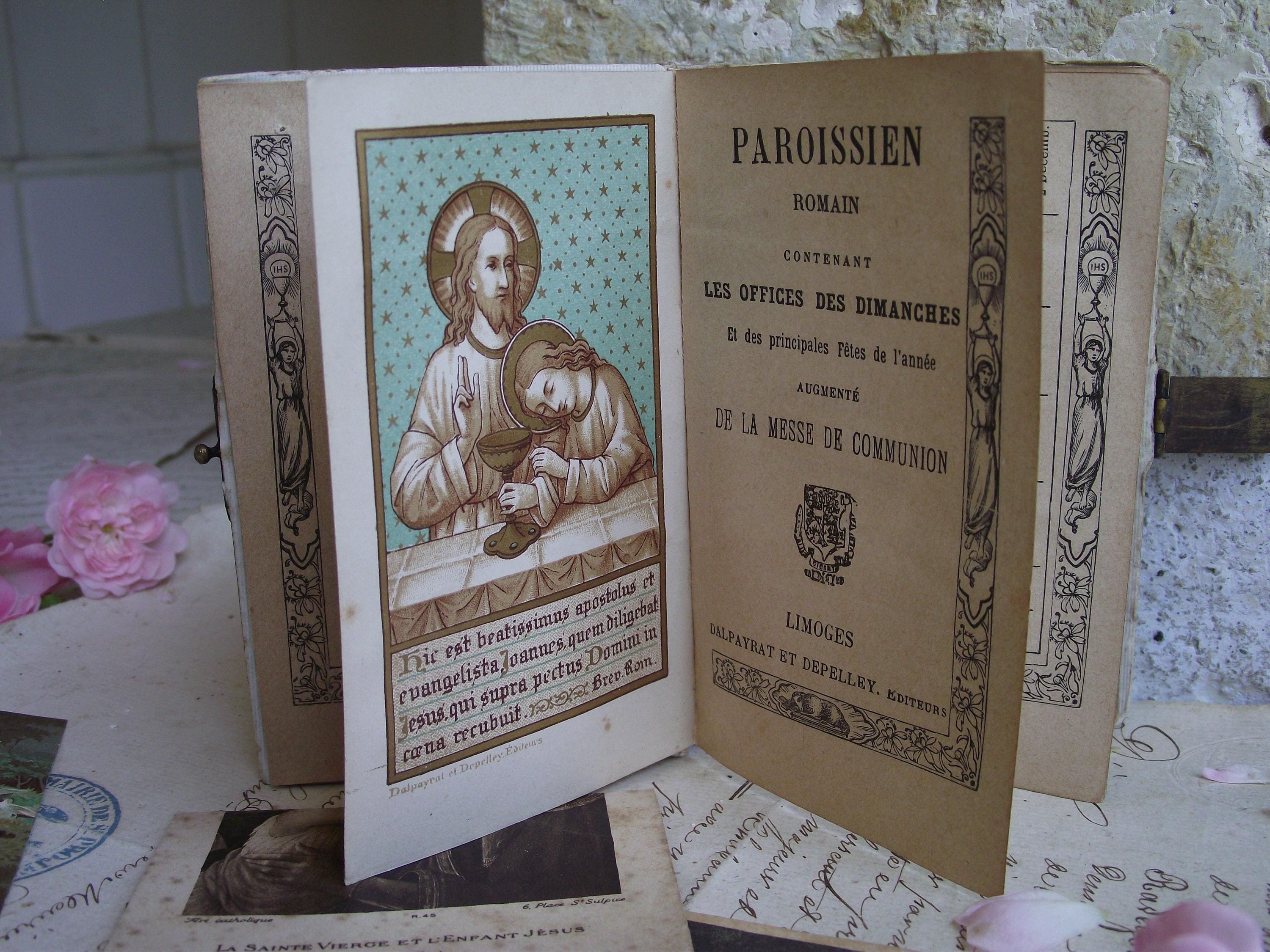 アンティークのフランス式ミサ典書、1889年カトリック祈祷書（鍵付き