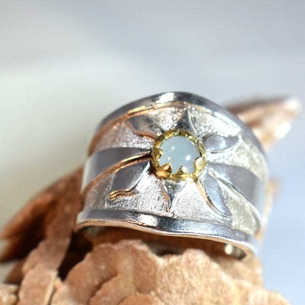Silver Flower of Life Ring, Aquamarine Silver Design Ring, Fashion Blue Big Silver Ring, Statement Ring, Big Size Ring, Unisex Ring