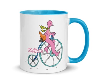 Mister Gum mug with bike. Colorful interior, several colors to choose from
