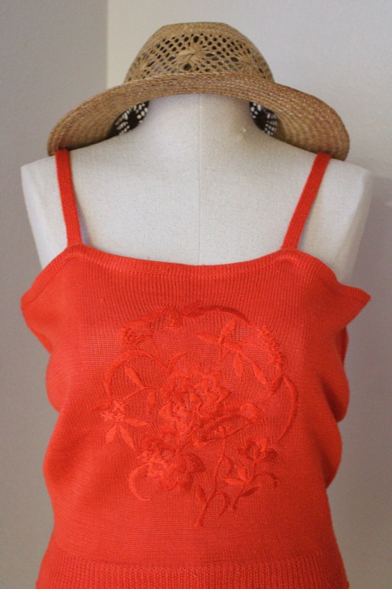 70s Orange Red Knit Sweater Tank with Embroidered… - image 2