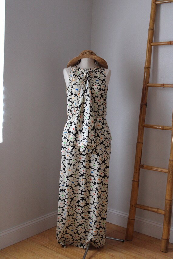 80s Silk Black White Rainbow Floral Maxi Dress