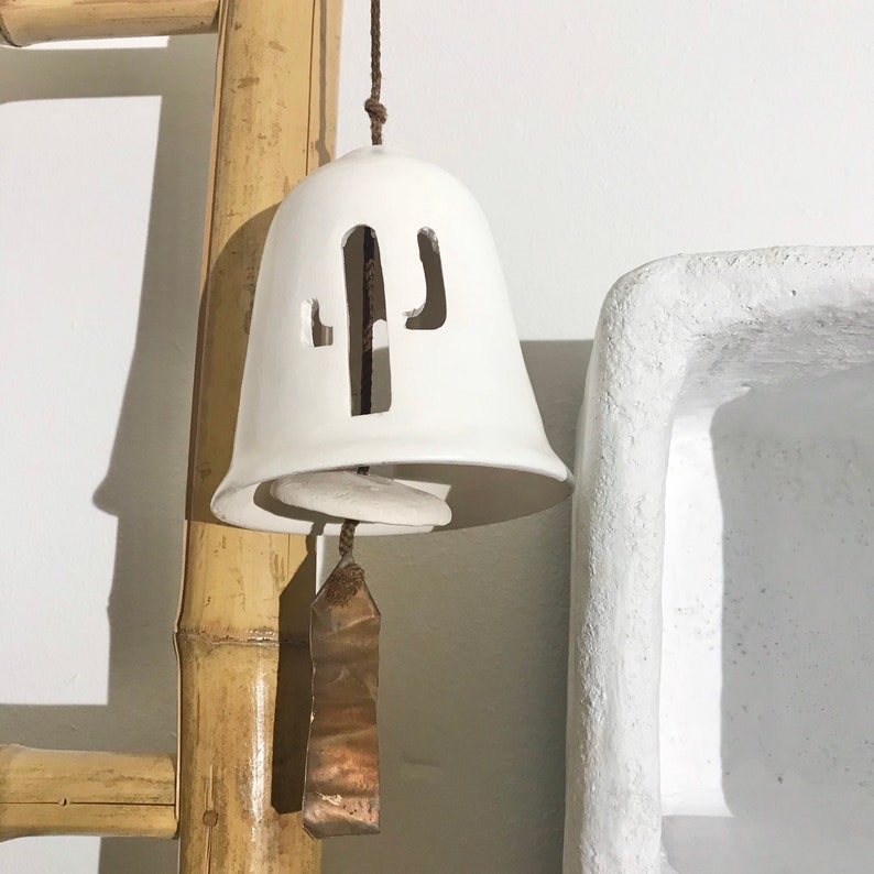 Vintage Southwest Desert Clay Pottery Bell with Cactus Cut Out