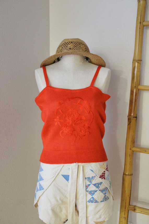 70s Orange Red Knit Sweater Tank with Embroidered 