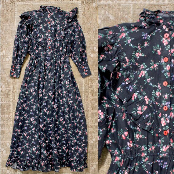 70s Black Ruffle Rose Maxi Garden Dress Prairie Gu