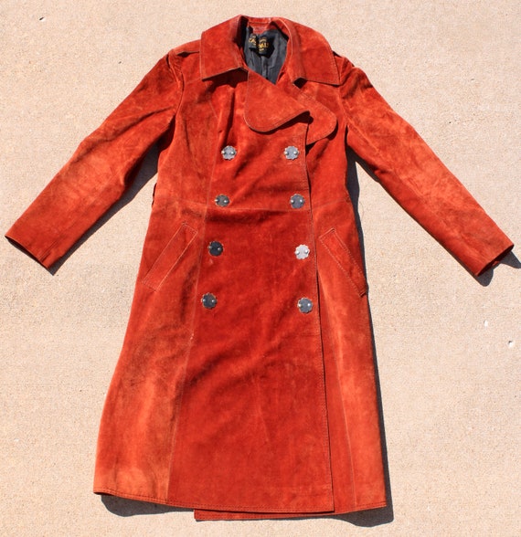 Stunning 70s Dark Red Hippie Suede Trench Coat Dus