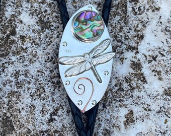 Unique Handmade Sterling Silver Bolo Tie, Abalone Bolo Tie, Dragonfly Insect Bolo, Shell Bolo Tie, Artisan Bolo Tie, Silver Riveted Bolo Tie