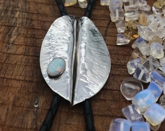 Sterling Silver Leaf Bolo Tie with an Opal Cabochon, Gemstone bolo tie, Handmade bolo tie, Minimalistic bolo, Libra birth stone, Silver bolo